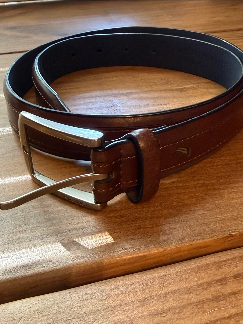 Nautica Chestnut Brown Leather Belt with Silver Buckle